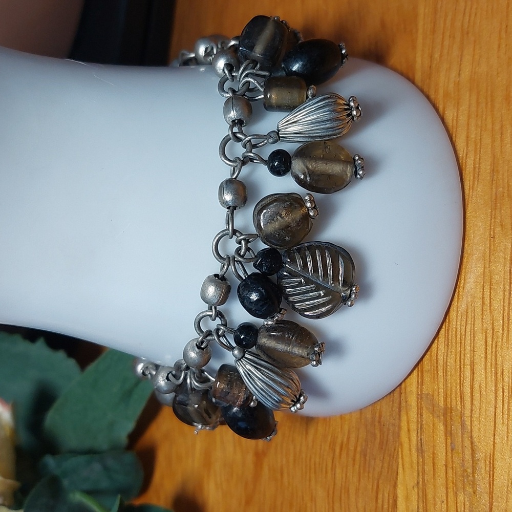 Silvertone Glass Bead Charm Bracelet Brown Stone Leaf Boho